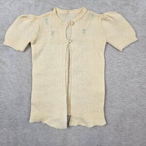 Vintage Layette Baby Newborn Knitted Wool Infant Embroidered Blue Flowers Beige